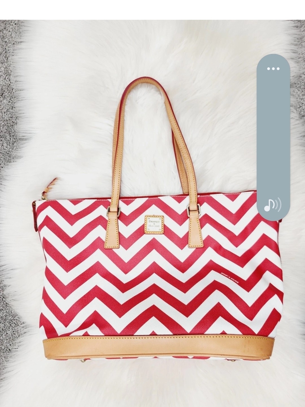 Dooney & Bourke Red Chevron Tote Bag with Tan Trim